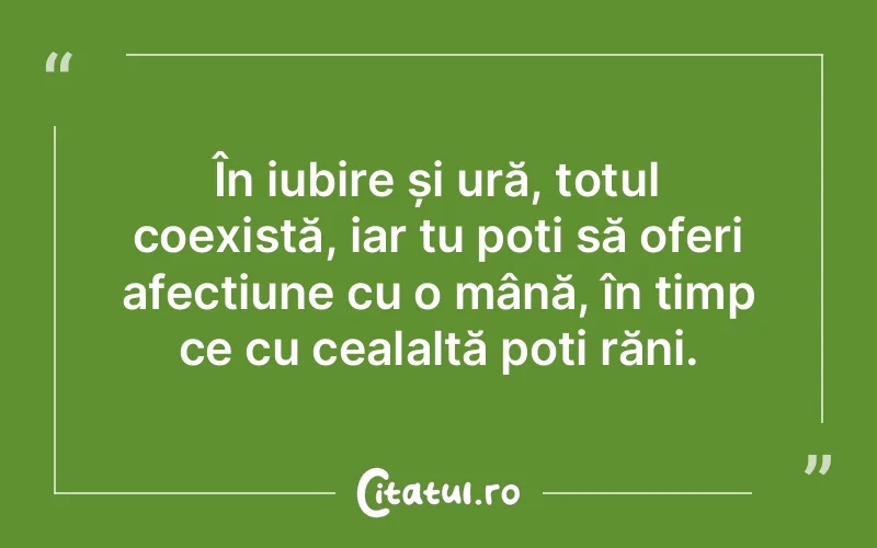 În iubire și ură, totul coexistă, iar tu poți să oferi afecțiune cu o mână, în timp ce cu cealaltă poți răni.