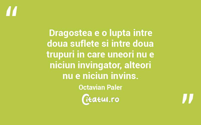 Dragostea e o lupta intre doua suflete si intre doua trupuri in care uneori nu e niciun invingator, alteori nu e niciun invins. Octavian Paler