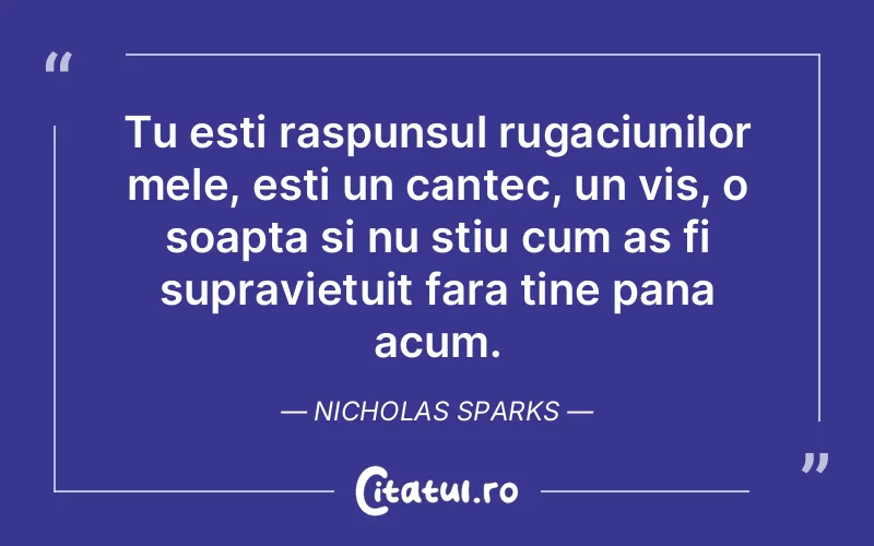 Tu esti raspunsul rugaciunilor mele, esti un cantec, un vis, o soapta si nu stiu cum as fi supravietuit fara tine pana acum. Nicholas Sparks