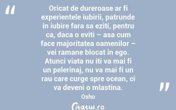 Oricat de dureroase ar fi experientele iubirii, patrunde in iubire fara sa eziti, pentru ca, daca o eviti – asa cum face majoritatea oamenilor – vei ramane blocat in ego. Atunci viata nu iti va mai fi un pelerinaj, nu va mai fi un rau care curge spre ocean, ci va deveni o mlastina. Osho...