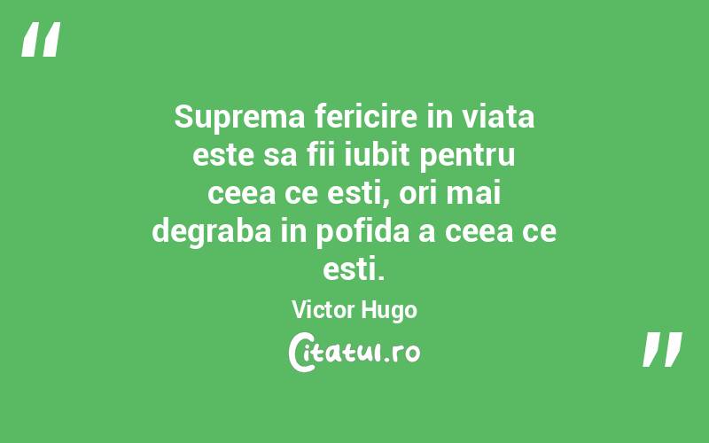 Suprema fericire in viata este sa fii iubit pentru ceea ce esti, ori mai degraba in pofida a ceea ce esti. Victor Hugo