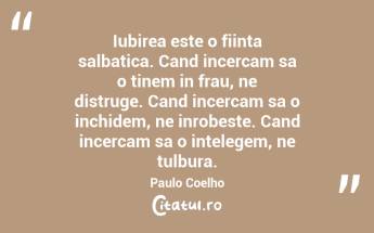 Iubirea este o fiinta salbatica. Cand incercam sa o tinem in frau, ne distruge. Cand incercam sa o inchidem, ne inrobeste. Cand incercam sa o intelegem, ne tulbura. Paulo Coelho...