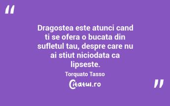 Dragostea este atunci cand ti se ofera o bucata din sufletul tau, despre care nu ai stiut niciodata ca lipseste. Torquato Tasso...