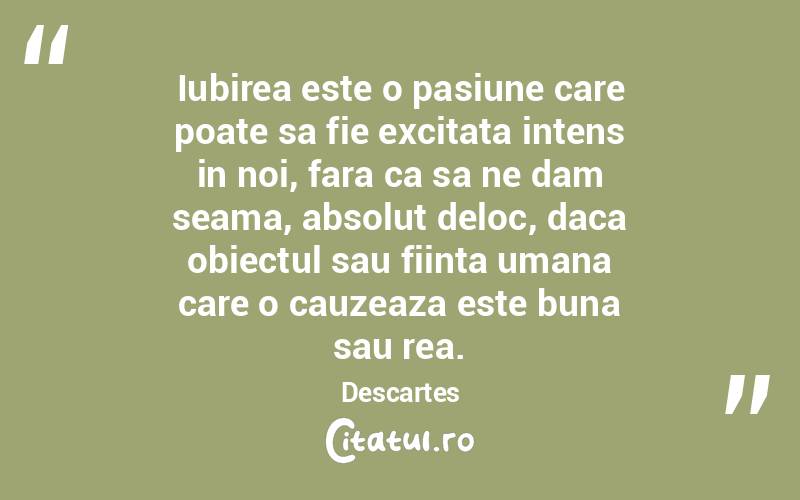 Iubirea este o pasiune care poate sa fie excitata intens in noi, fara ca sa ne dam seama, absolut deloc, daca obiectul sau fiinta umana care o cauzeaza este buna sau rea. Descartes
