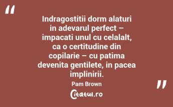 Indragostitii dorm alaturi in adevarul perfect – impacati unul cu celalalt, ca o certitudine din copilarie – cu patima devenita gentilete, in pacea implinirii. Pam Brown...
