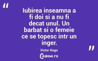 Iubirea inseamna a fi doi si a nu fi decat unul. Un barbat si o femeie ce se topesc intr un inger. Victor Hugo...