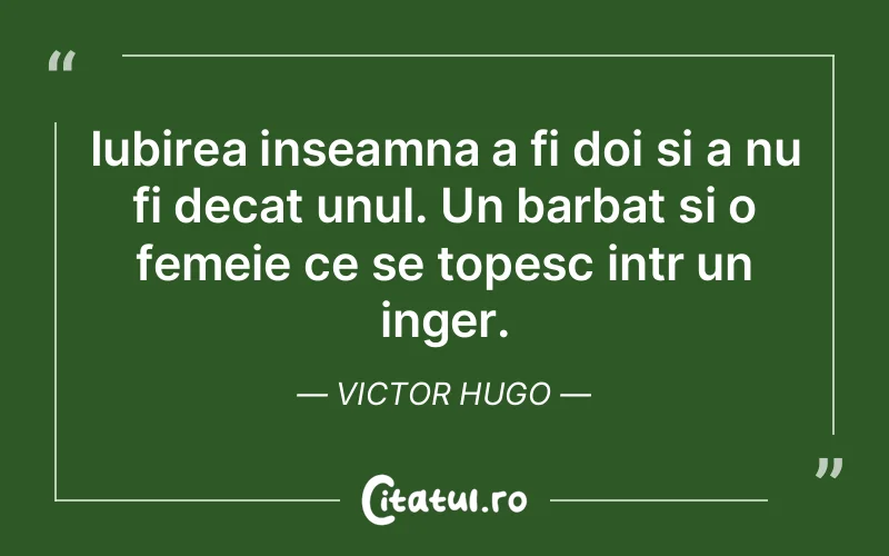 Iubirea inseamna a fi doi si a nu fi decat unul. Un barbat si o femeie ce se topesc intr un inger. Victor Hugo