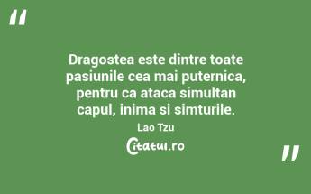 Dragostea este dintre toate pasiunile cea mai puternica, pentru ca ataca simultan capul, inima si simturile. Lao Tzu...