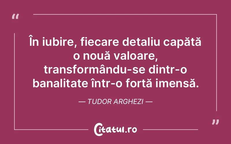 În iubire, fiecare detaliu capătă o nouă valoare, transformându-se dintr-o banalitate într-o forță imensă. Tudor Arghezi
