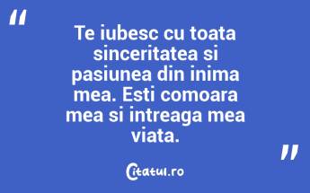 Te iubesc cu toata sinceritatea si pasiunea din inima mea. Esti comoara mea si intreaga mea viata....