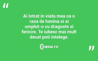 Ai intrat in viata mea ca o raza de lumina si ai umplut-o cu dragoste si fericire. Te iubesc mai mult decat poti intelege.  ...