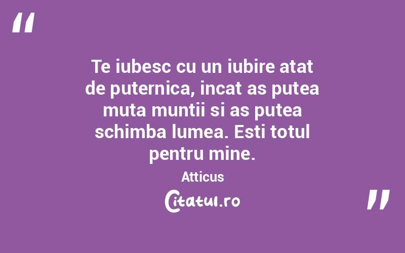 Te iubesc cu un iubire atat de puternica, incat as putea muta muntii si as putea schimba lumea. Esti totul pentru mine. Atticus