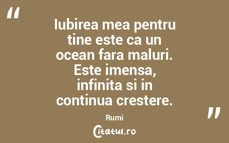 Iubirea mea pentru tine este ca un ocean fara maluri. Este imensa, infinita si in continua crestere. Rumi