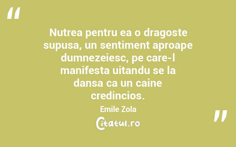 Nutrea pentru ea o dragoste supusa, un sentiment aproape dumnezeiesc, pe care-l manifesta uitandu se la dansa ca un caine credincios. Emile Zola