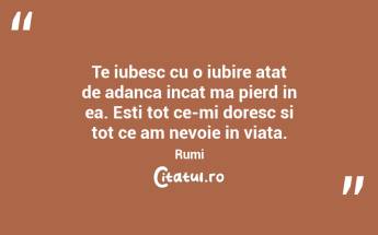 Te iubesc cu o iubire atat de adanca incat ma pierd in ea. Esti tot ce-mi doresc si tot ce am nevoie in viata. Rumi...