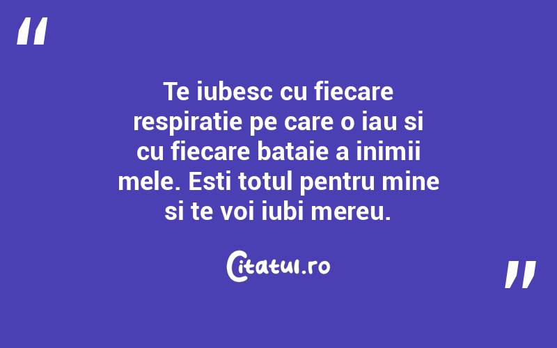 Te iubesc cu fiecare respiratie pe care o iau si cu fiecare bataie a inimii mele. Esti totul pentru mine si te voi iubi mereu.