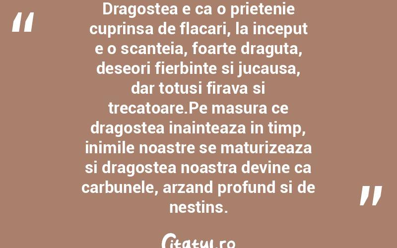 Dragostea e ca o prietenie cuprinsa de flacari, la inceput e o scanteia, foarte draguta, deseori fierbinte si jucausa, dar totusi firava si trecatoare.Pe masura ce dragostea inainteaza in timp, inimile noastre se maturizeaza si dragostea noastra devine ca carbunele, arzand profund si de nestins. 
