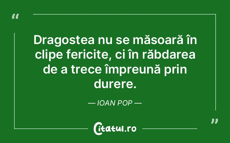 Dragostea nu se măsoară în clipe fericite, ci în răbdarea de a trece împreună prin durere. Ioan Pop