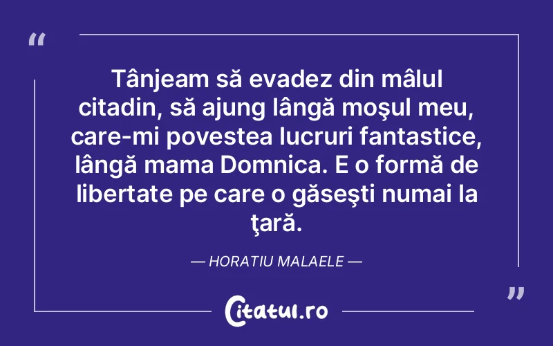 Tânjeam să evadez din mâlul citadin, să ajung lângă moşul meu, care-mi povestea lucruri fantastice, lângă mama Domnica. E o formă de libertate pe care o găseşti numai la ţară. Horatiu Malaele