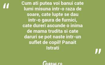 Cum ati putea voi banui cate lumi misuna intr-o raza de soare, cate lupte se dau intr-o gaura de furnici, cate dureri ascunde o inima de mama trudita si cate daruri se pot naste intr-un suflet de copil! Panait Istrati...