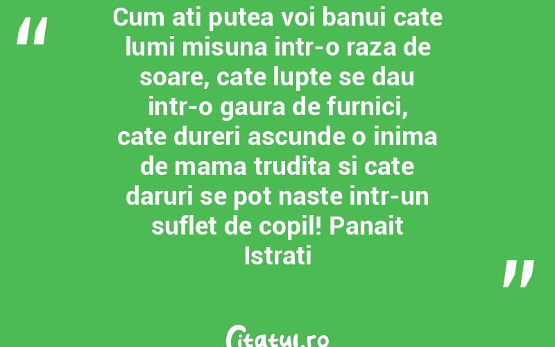 Cum ati putea voi banui cate lumi misuna intr-o raza de soare, cate lupte se dau intr-o gaura de furnici, cate dureri ascunde o inima de mama trudita si cate daruri se pot naste intr-un suflet de copil! Panait Istrati