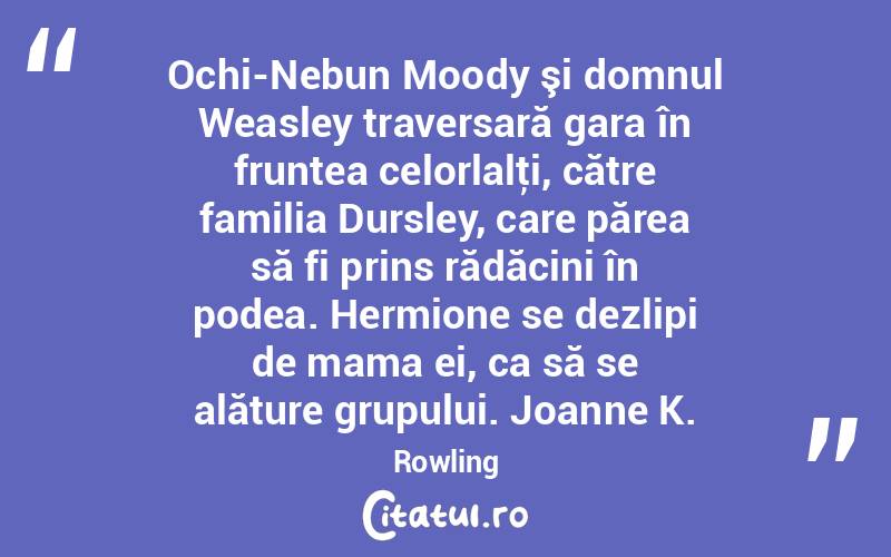  Ochi-Nebun Moody şi domnul Weasley traversară gara în fruntea celorlalţi, către familia Dursley, care părea să fi prins rădăcini în podea. Hermione se dezlipi de mama ei, ca să se alăture grupului. Joanne K. Rowling