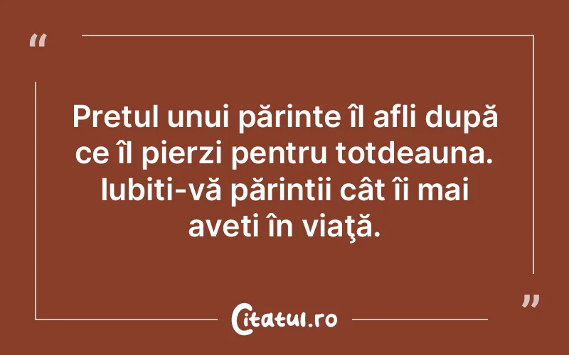 Prețul unui părinte îl afli după ce îl pierzi pentru totdeauna. Iubiți-vă părinții cât îi mai aveți în viaţă.