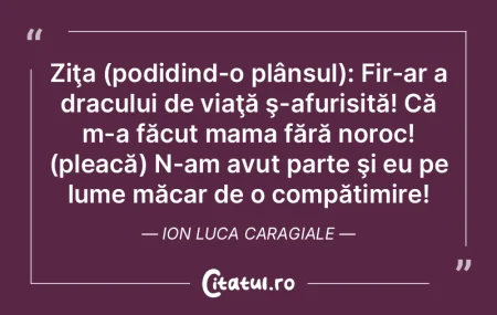 Ziţa (podidind-o plânsul): Fir-ar a dr...