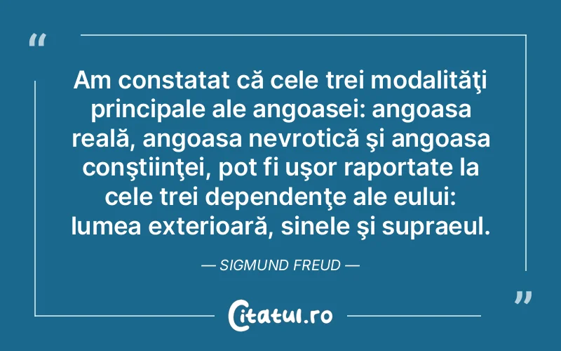 Am constatat că cele trei modalităţi principale ale angoasei: angoasa reală, angoasa nevrotică şi angoasa conştiinţei, pot fi uşor raportate la cele trei dependenţe ale eului: lumea exterioară, sinele şi supraeul. Sigmund Freud