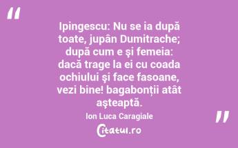    Ipingescu: Nu se ia după toate, jupân Dumitrache; după cum e şi femeia: dacă trage la ei cu coada ochiului şi face fasoane, vezi bine! bagabonţii atât aşteaptă. Ion Luca Caragiale...
