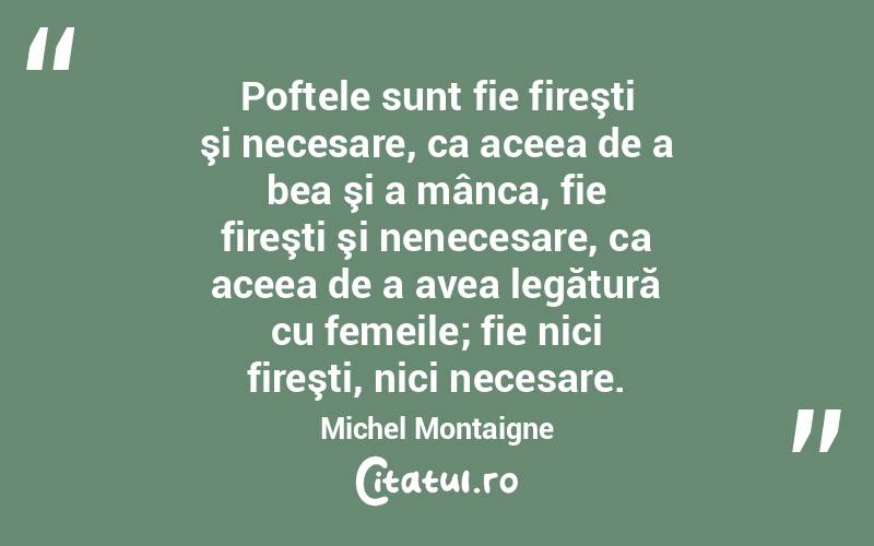 Poftele sunt fie fireşti şi necesare, ca aceea de a bea şi a mânca, fie fireşti şi nenecesare, ca aceea de a avea legătură cu femeile; fie nici fireşti, nici necesare. Michel Montaigne