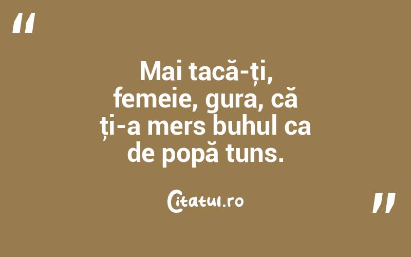 Mai tacă-ţi, femeie, gura, că ţi-a mers buhul ca de popă tuns.  