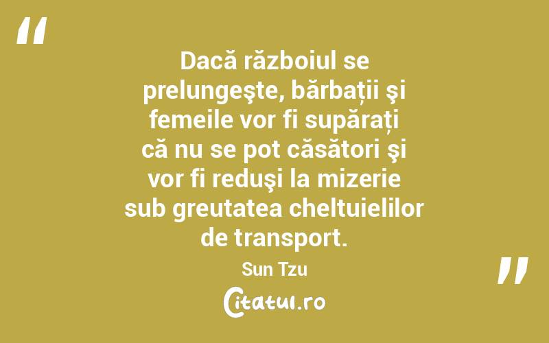 Dacă războiul se prelungeşte, bărbaţii şi femeile vor fi supăraţi că nu se pot căsători şi vor fi reduşi la mizerie sub greutatea cheltuielilor de transport. Sun Tzu