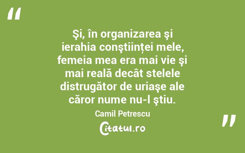 Şi, în organizarea şi ierahia conştiinţei mele, femeia mea era mai vie şi mai reală decât stelele distrugător de uriaşe ale căror nume nu-l ştiu. Camil Petrescu