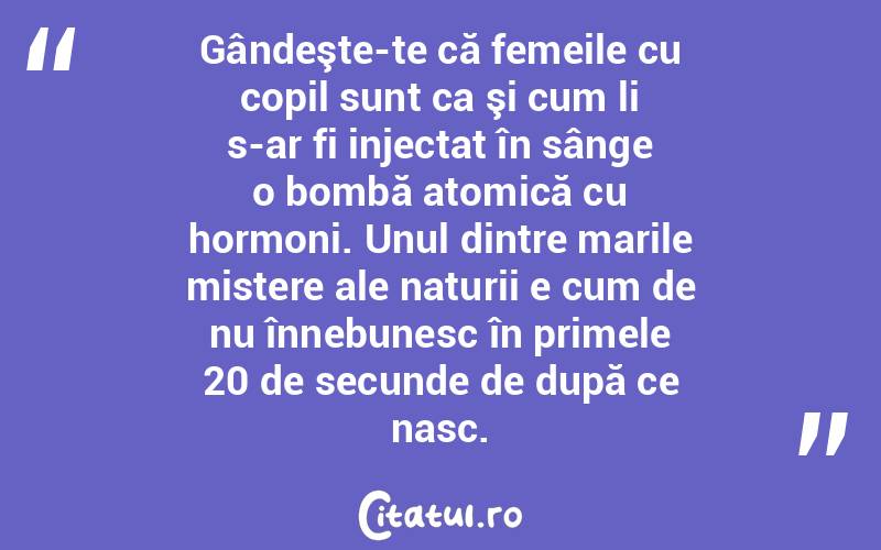 Gândeşte-te că femeile cu copil sunt ca şi cum li s-ar fi injectat în sânge o bombă atomică cu hormoni. Unul dintre marile mistere ale naturii e cum de nu înnebunesc în primele 20 de secunde de după ce nasc.  