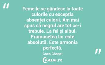 Femeile se gândesc la toate culorile cu excepţia absenţei culorii. Am mai spus că negrul are tot ce-i trebuie. La fel şi albul. Frumuseţea lor este absolută. Este armonia perfectă. Coco Chanel...
