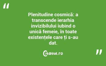Plenitudine cosmică: a transcende ierarhia invizibilului iubind o unică femeie, în toate existenţele care ţi s-au dat.  ...