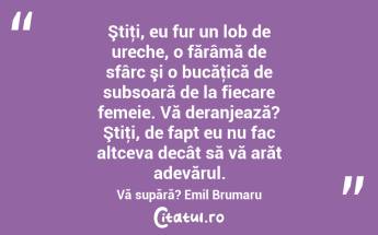  Ştiţi, eu fur un lob de ureche, o fărâmă de sfârc şi o bucăţică de subsoară de la fiecare femeie. Vă deranjează? Ştiţi, de fapt eu nu fac altceva decât să vă arăt adevărul. Vă supără? Emil Brumaru...