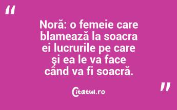  Noră: o femeie care blamează la soacra ei lucrurile pe care şi ea le va face când va fi soacră.  ...