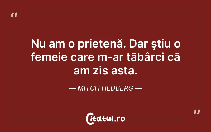Nu am o prietenă. Dar ştiu o femeie care m-ar tăbârci că am zis asta. Mitch Hedberg