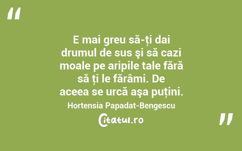E mai greu să-ţi dai drumul de sus şi să cazi moale pe aripile tale fără să ţi le fărâmi. De aceea se urcă aşa puţini. Hortensia Papadat-Bengescu