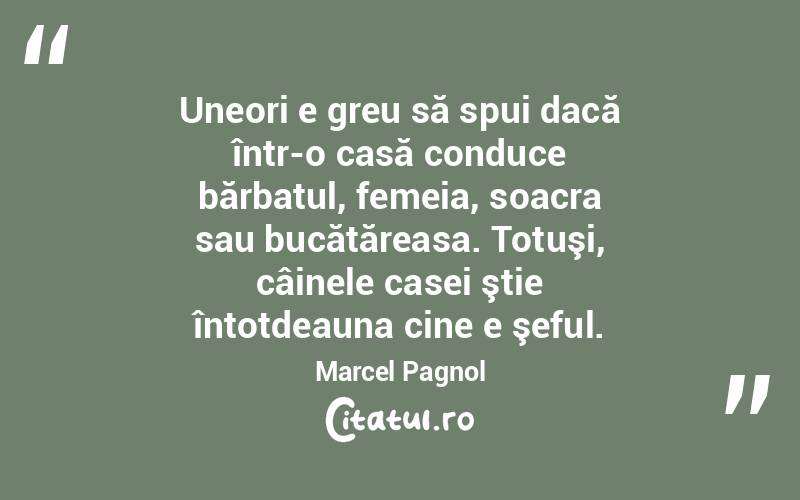 Uneori e greu să spui dacă într-o casă conduce bărbatul, femeia, soacra sau bucătăreasa. Totuşi, câinele casei ştie întotdeauna cine e şeful. Marcel Pagnol