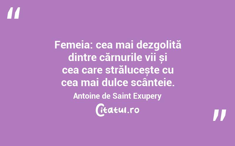Femeia: cea mai dezgolită dintre cărnurile vii și cea care strălucește cu cea mai dulce scânteie. Antoine de Saint Exupery
