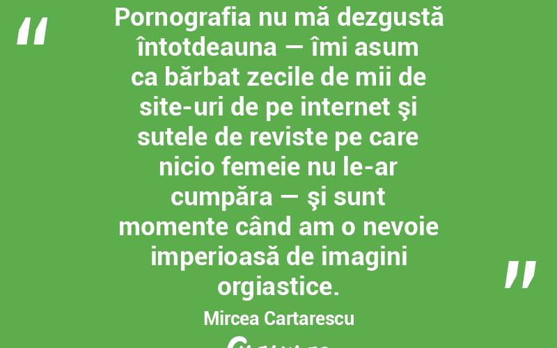   Pornografia nu mă dezgustă întotdeauna — îmi asum ca bărbat zecile de mii de site-uri de pe internet şi sutele de reviste pe care nicio femeie nu le-ar cumpăra — şi sunt momente când am o nevoie imperioasă de imagini orgiastice. Mircea Cartarescu