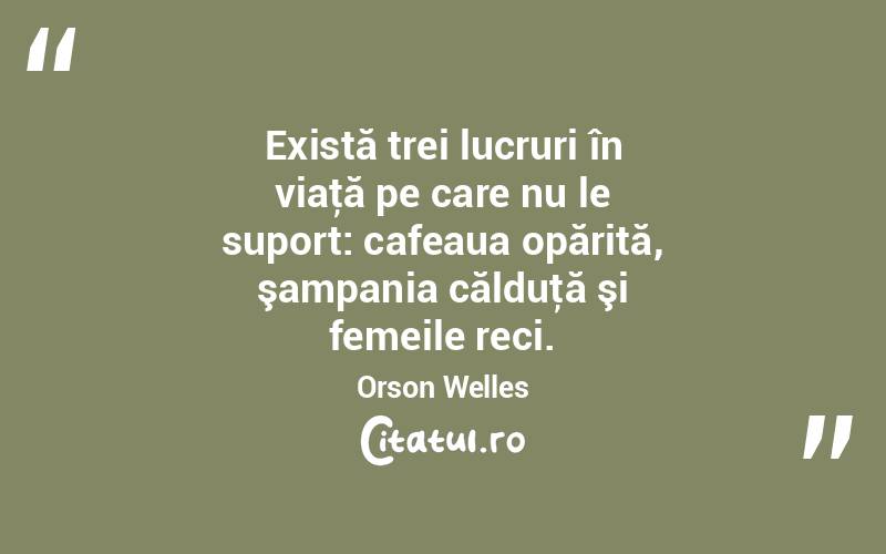 Există trei lucruri în viaţă pe care nu le suport: cafeaua opărită, şampania călduţă şi femeile reci. Orson Welles