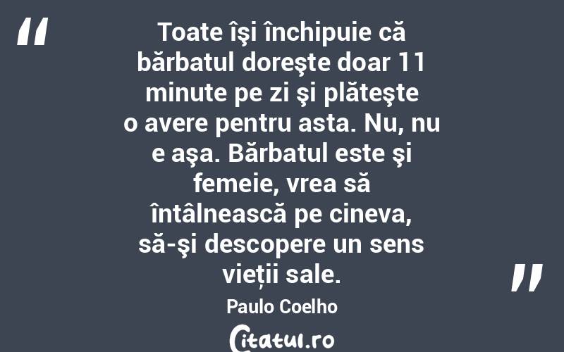 Toate îşi închipuie că bărbatul doreşte doar 11 minute pe zi şi plăteşte o avere pentru asta. Nu, nu e aşa. Bărbatul este şi femeie, vrea să întâlnească pe cineva, să-şi descopere un sens vieţii sale. Paulo Coelho