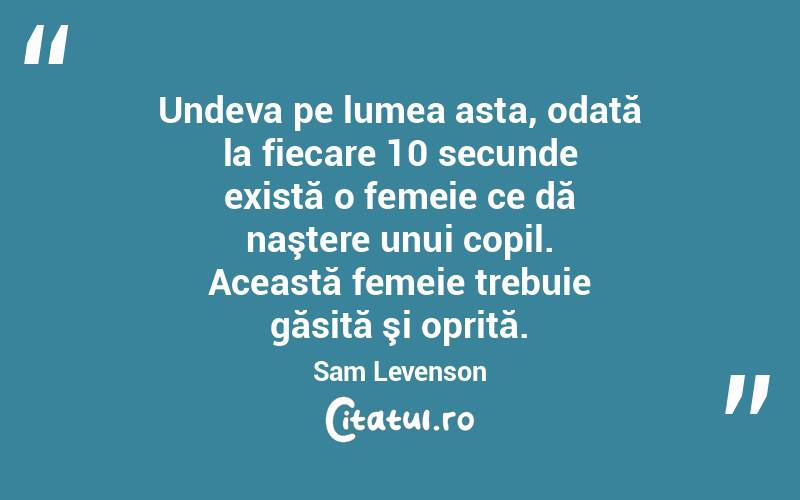 Undeva pe lumea asta, odată la fiecare 10 secunde există o femeie ce dă naştere unui copil. Această femeie trebuie găsită şi oprită. Sam Levenson
