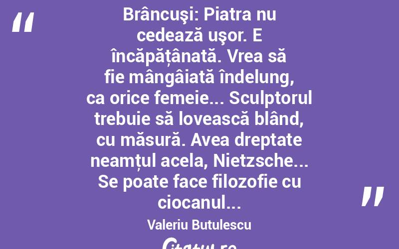   Brâncuşi: Piatra nu cedează uşor. E încăpăţânată. Vrea să fie mângâiată îndelung, ca orice femeie... Sculptorul trebuie să lovească blând, cu măsură. Avea dreptate neamţul acela, Nietzsche... Se poate face filozofie cu ciocanul... Valeriu Butulescu
