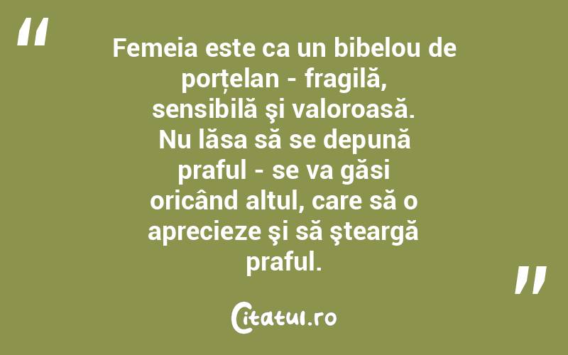 Femeia este ca un bibelou de porţelan - fragilă, sensibilă şi valoroasă. Nu lăsa să se depună praful - se va găsi oricând altul, care să o aprecieze şi să şteargă praful.  