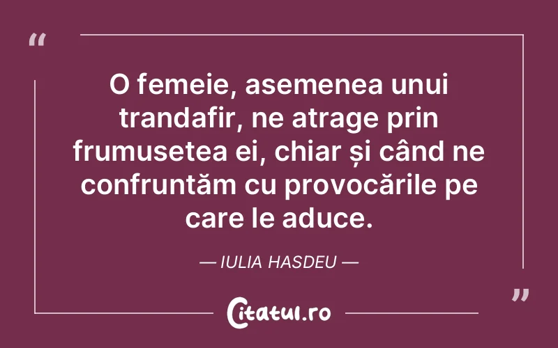 O femeie, asemenea unui trandafir, ne atrage prin frumusețea ei, chiar și când ne confruntăm cu provocările pe care le aduce. Iulia Hasdeu